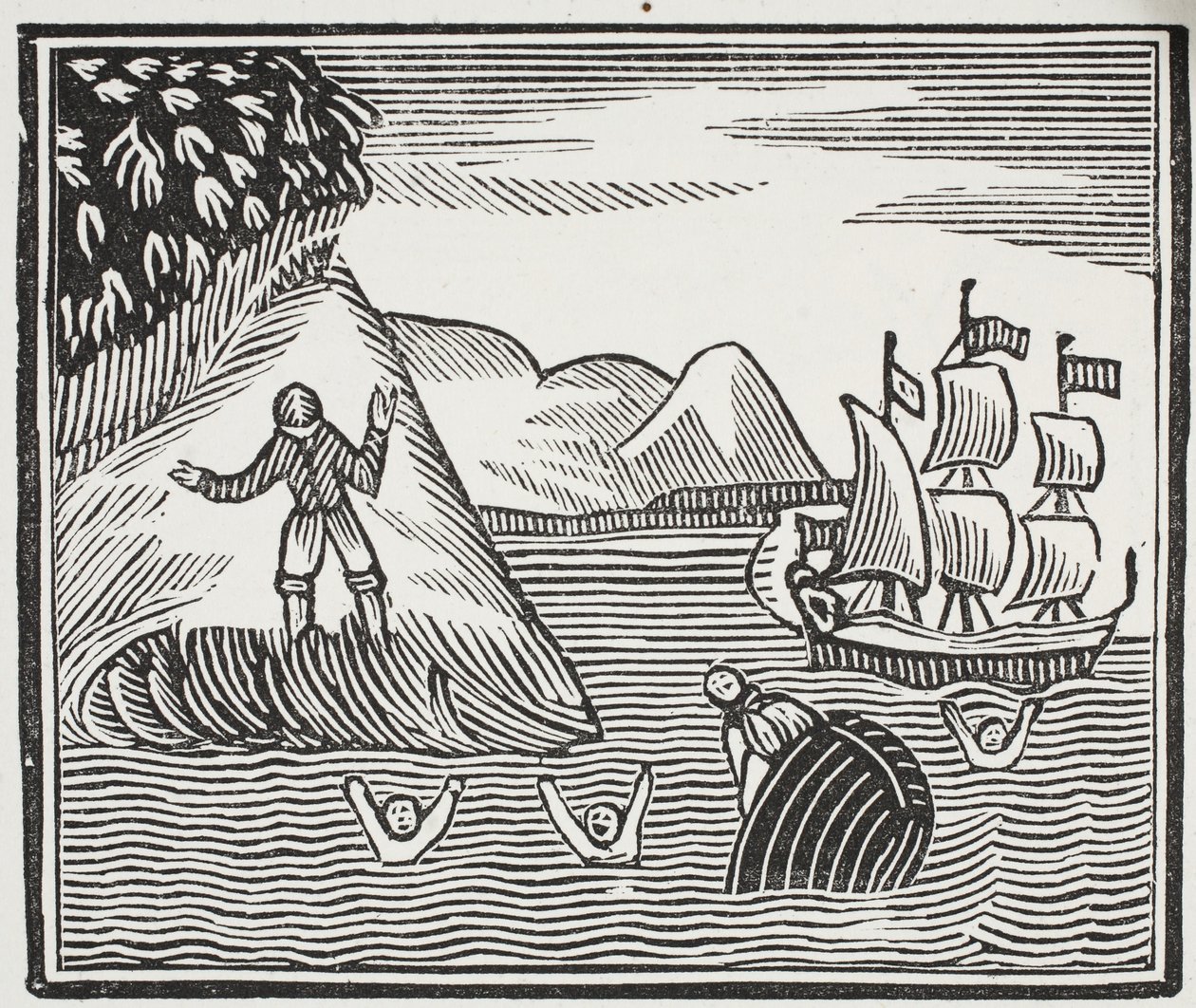 O naufrágio, ilustração dos Chap-livros do século XVIII por John Ashton, bar. 1882 de English School