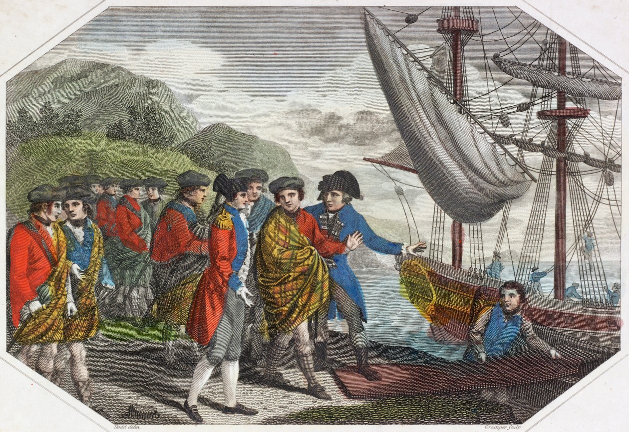 O jovem Pretender após a sua derrota em Culloden embarcando para a França (gravura colorida) de English School