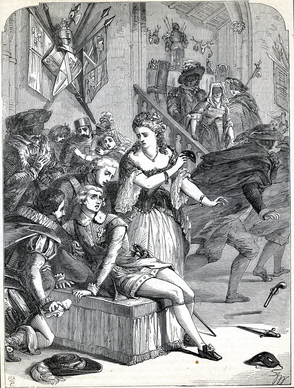 Assassinato de Gustavus III por Jackob Johan Anckarström num baile de máscaras, Estocolmo, Suécia, 1792 (gravura) de English School