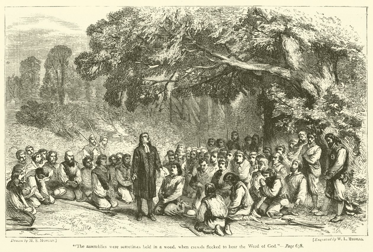 "As assembleias realizavam-se, por vezes, num bosque, onde se reuniam multidões para ouvir a Palavra de Deus" (gravura) de English School