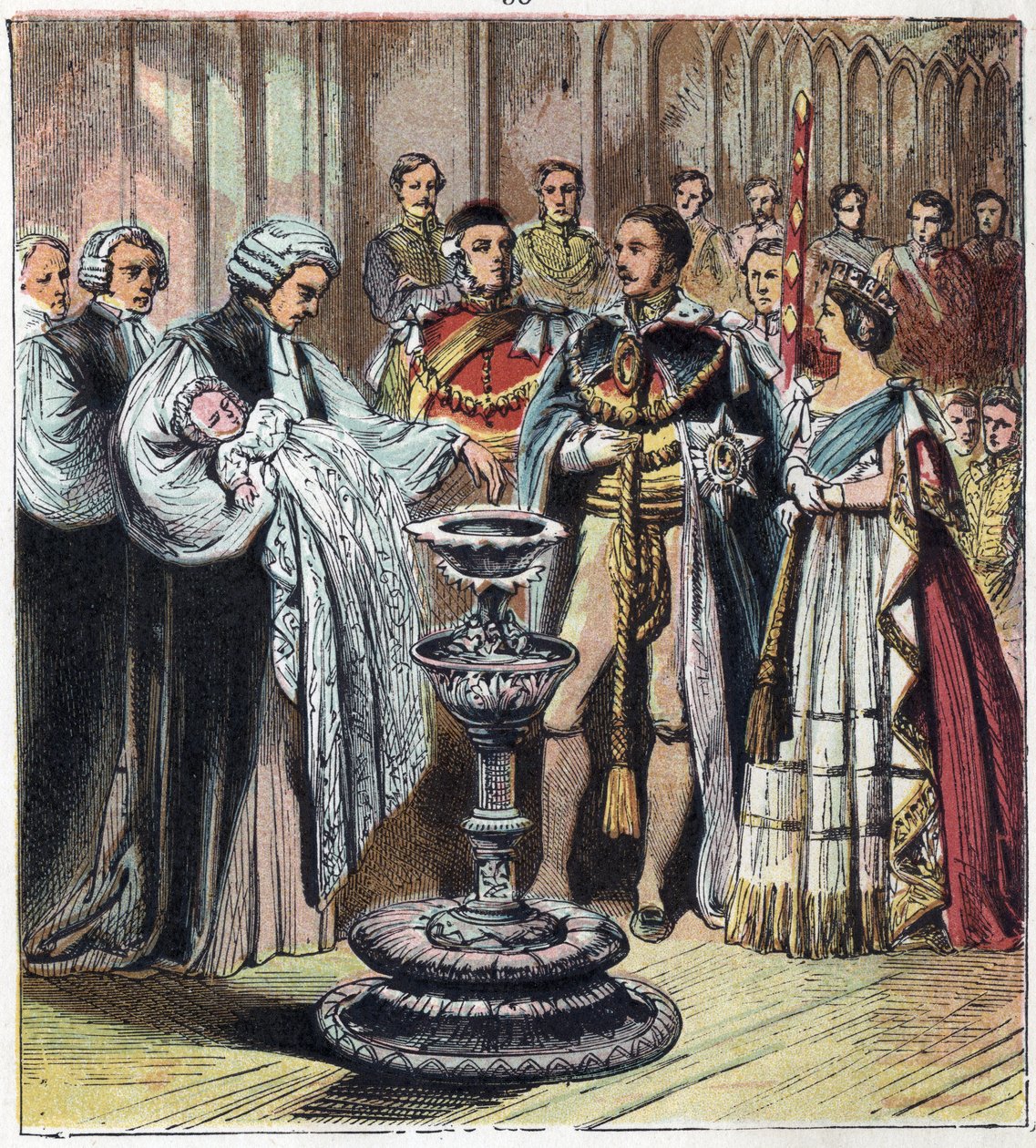 O batismo do Príncipe de Gales, que se tornou Rei Eduardo VII (1841-1910), na presença de seus pais, a Rainha Vitória 1 (1819-1901) e o Príncipe Alberto de Saxônia Cobourg Gotha (Saxônia-Coburgo-Gotha de English School