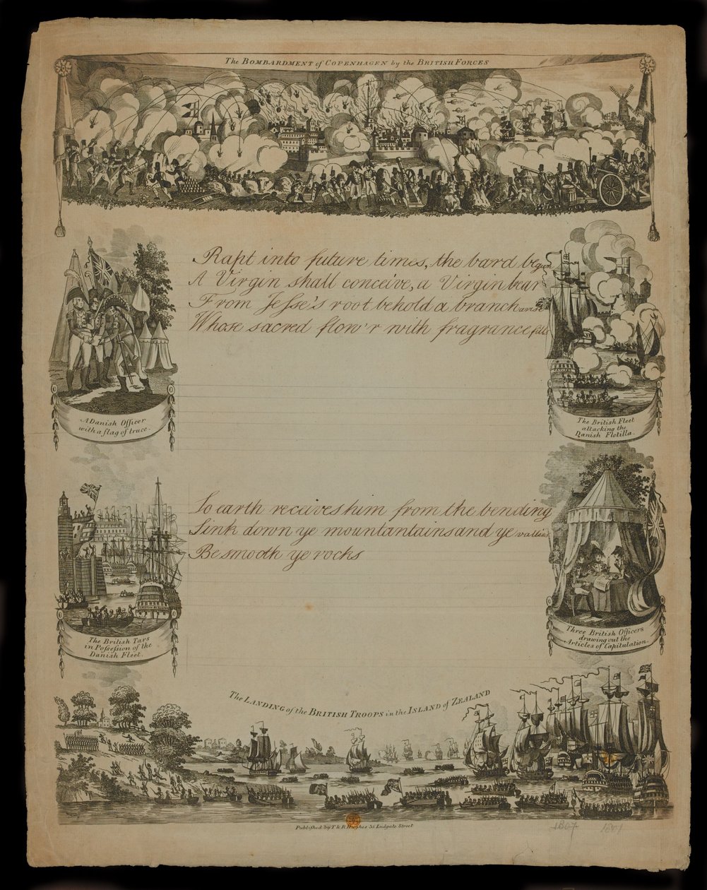 O bombardeio de Copenhague pelas forças britânicas e O desembarque das forças britânicas na ilha da Zelândia, publicado por T. e R. Hughes em 1807 de English School