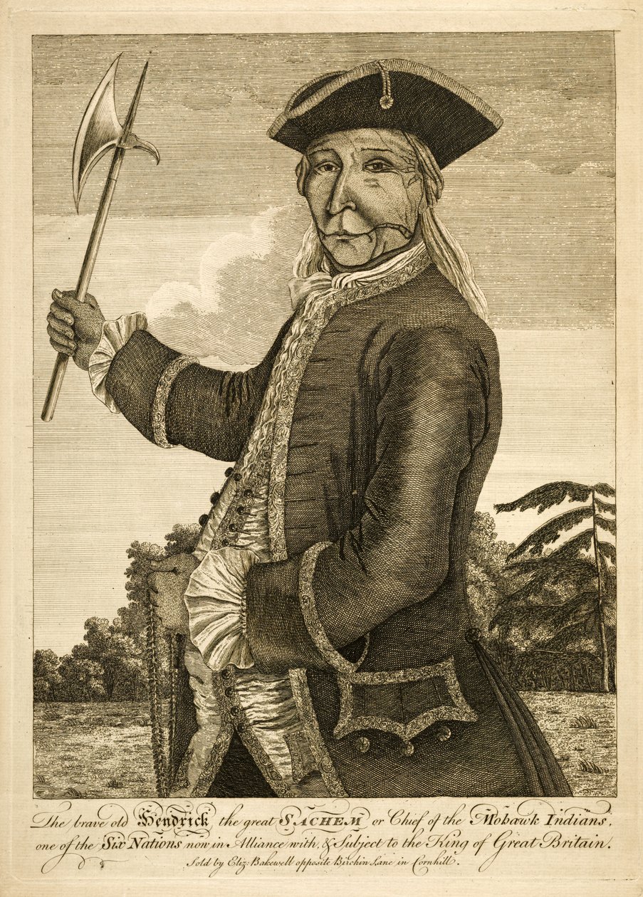 O velho e corajoso Hendrick, o Grande Sachem ou Chefe dos Índios Mohawk, pub. 1755 (gravura) de English School