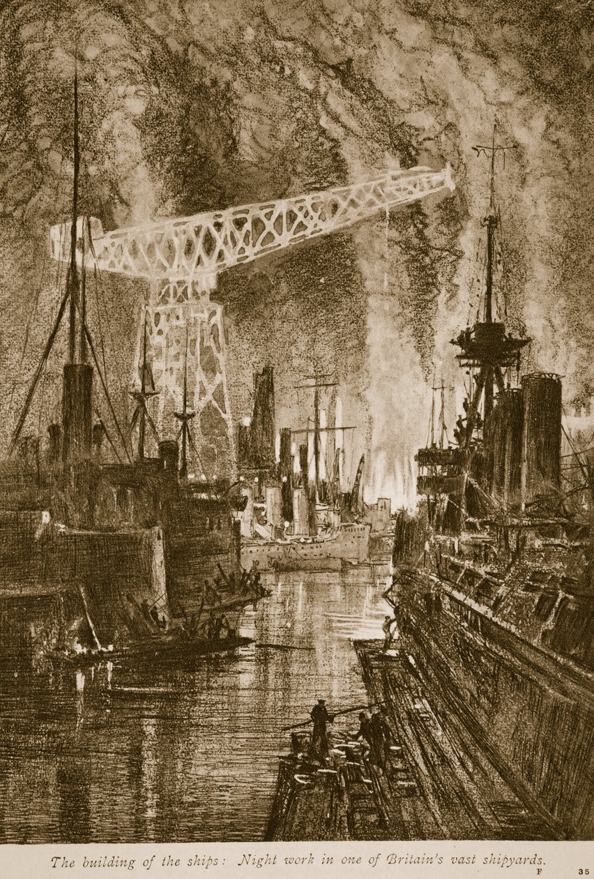 A construção dos navios: trabalho noturno em um dos vastos estaleiros britânicos, 1914-19 de English School
