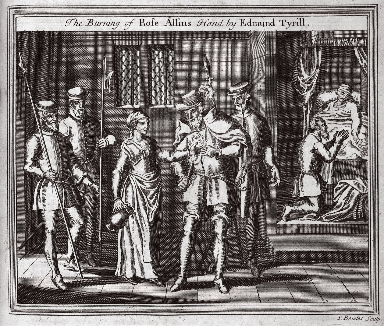 A queima da mão de Rose Allins por Edmund Tyrill, ilustração de Foxes Martyrs c.1703 de English School