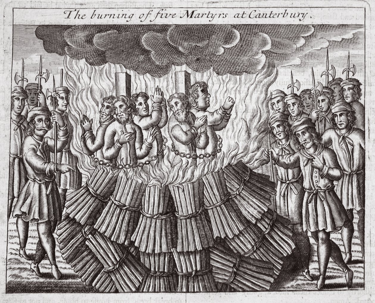 A queima de cinco mártires em Canterbury, ilustração de "Acts and Monuments" de John Foxe, nona edição, pub. 1684 (litografia) de English School