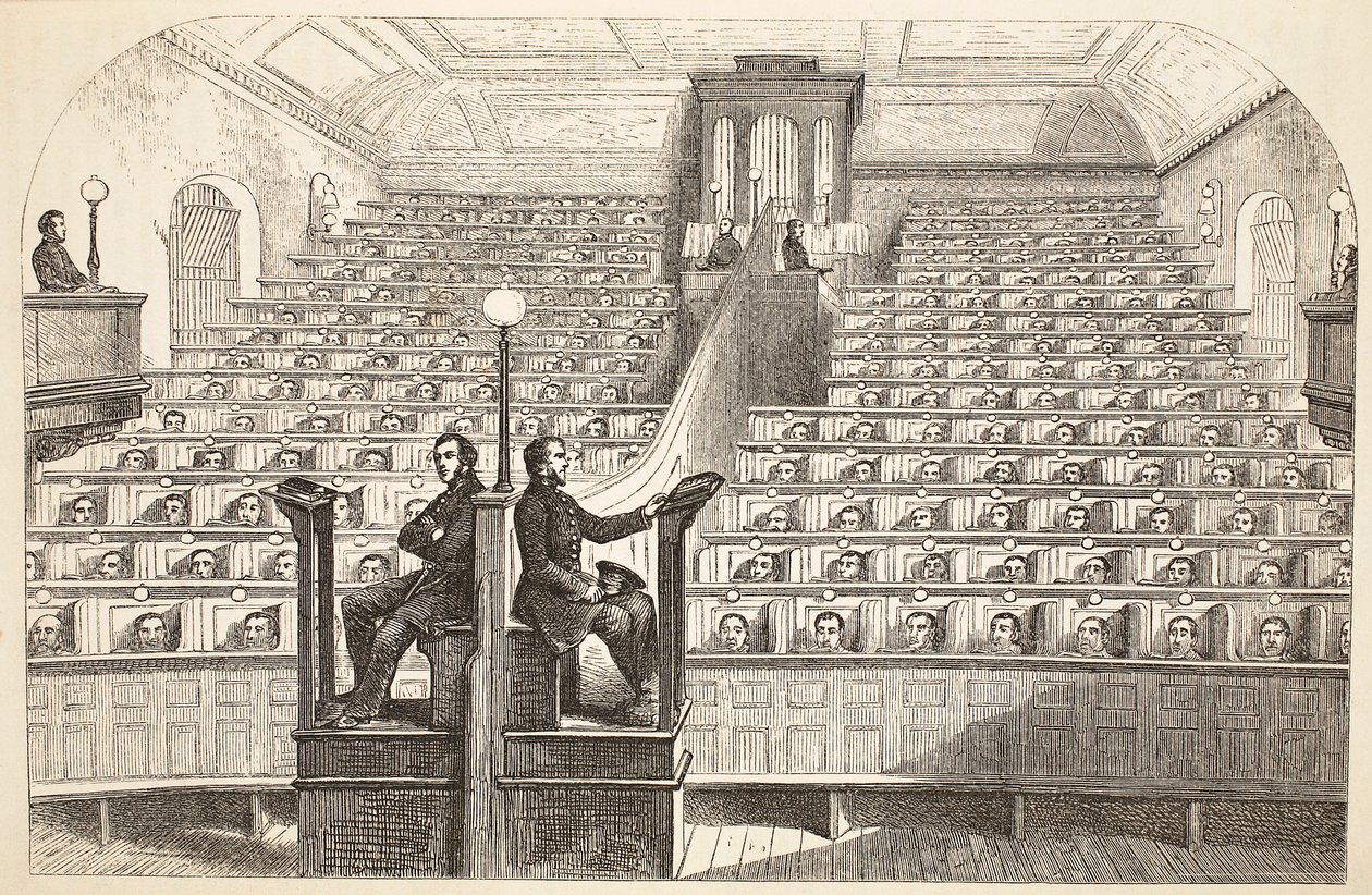 A capela, no sistema separado, na prisão de Pentonville, durante o serviço divino, ilustração das prisões criminais de Londres e cenas da vida da prisão por Henry Mayhew e por John Binny, bar. 1862 de English School