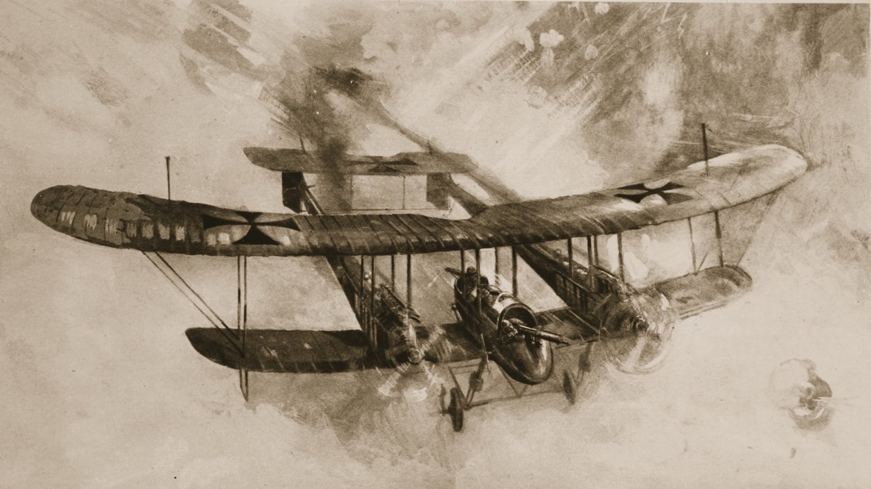 A chegada do grande avião de combate: o biplano alemão de tamanho duplo que os pilotos britânicos contrataram, de The Illustrated War News de English School