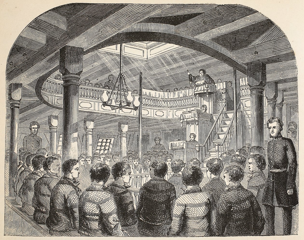 A capela do condenado a bordo do hulk da defesa em Woolwich, ilustração das prisões criminosas de Londres e cenas da vida da prisão por Henry Mayhew e por John Binny, bar. 1862 de English School