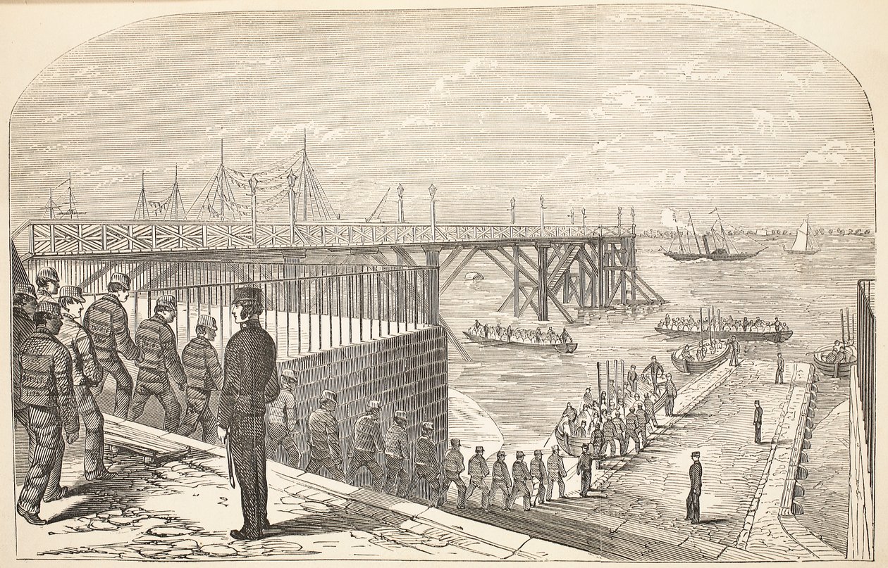 Os condenados voltam para os cascos de seu trabalho no Arsenal, ilustração de As Prisões Criminais de Londres e Cenas da Vida na Prisão de Henry Mayhew e John Binny, pub. 1862 de English School