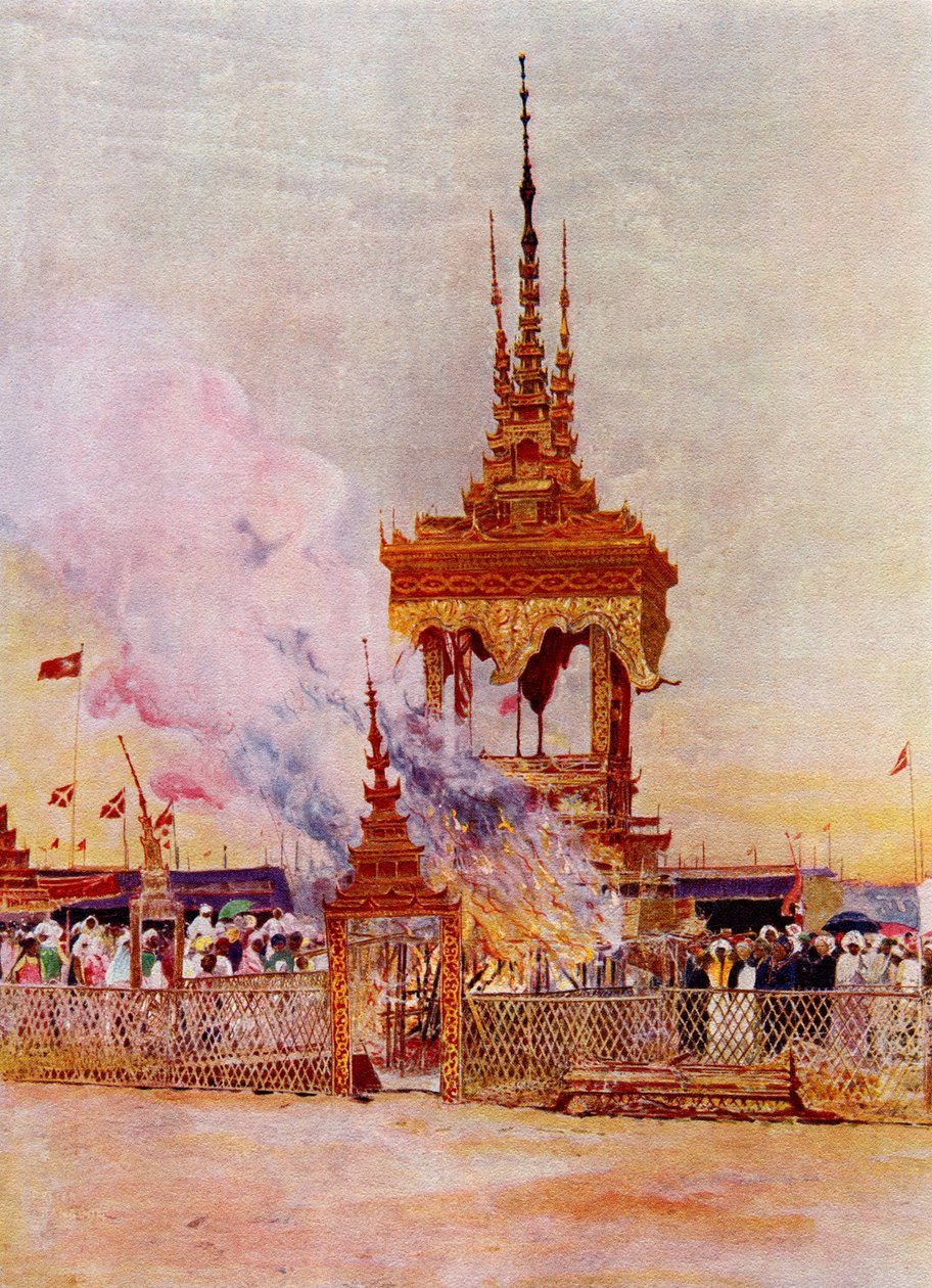 A cremação de um monge birmanês ou Pongyi, de "Customs of The World", publ. c. 1913 (gravura) de English School
