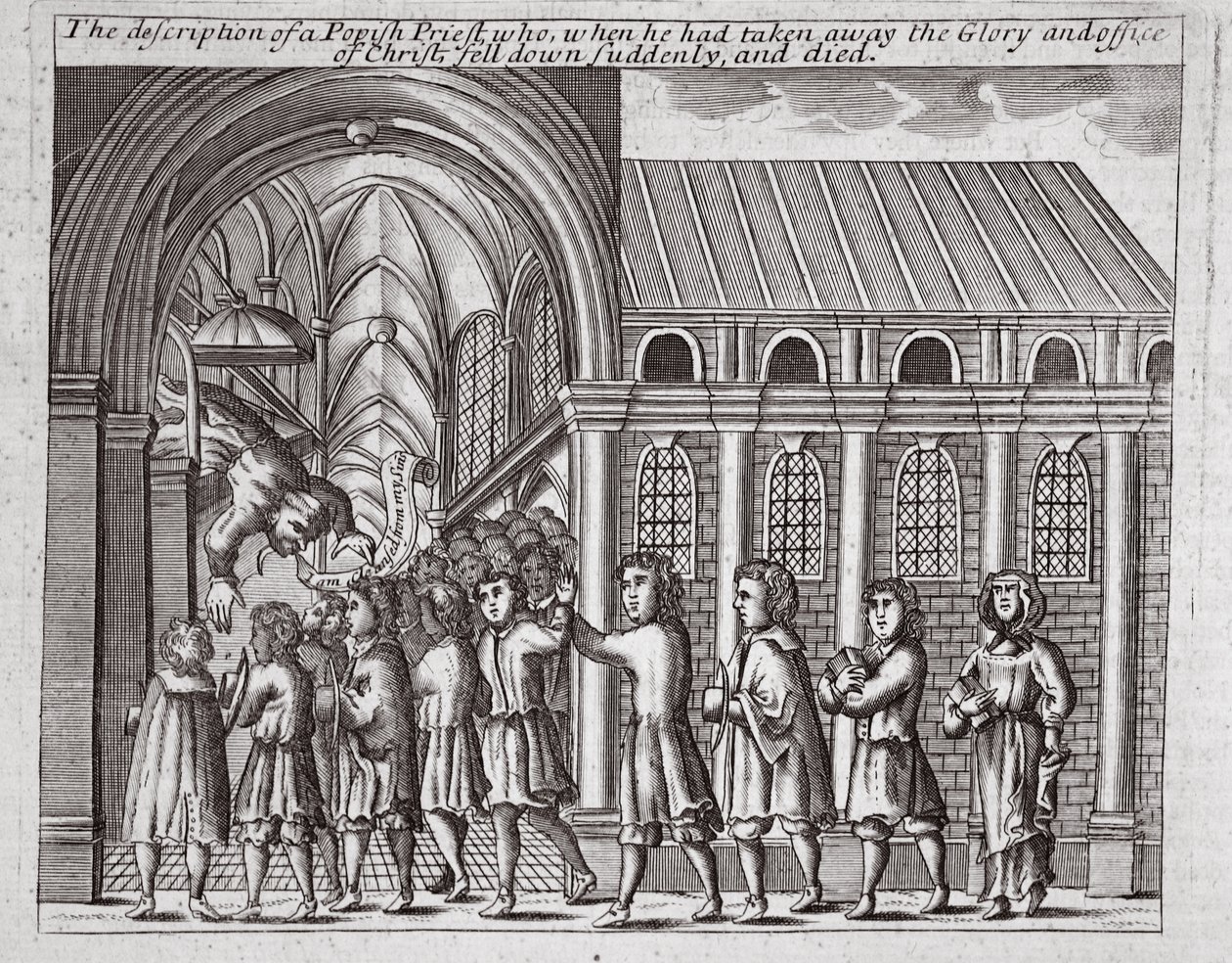 A descrição do sacerdote papista que, quando ele tirou a glória e o ofício de Cristo, caiu de repente e morreu, ilustração de Atos e Monumentos de John Foxe, nona edição, pub. 1684 (l de English School