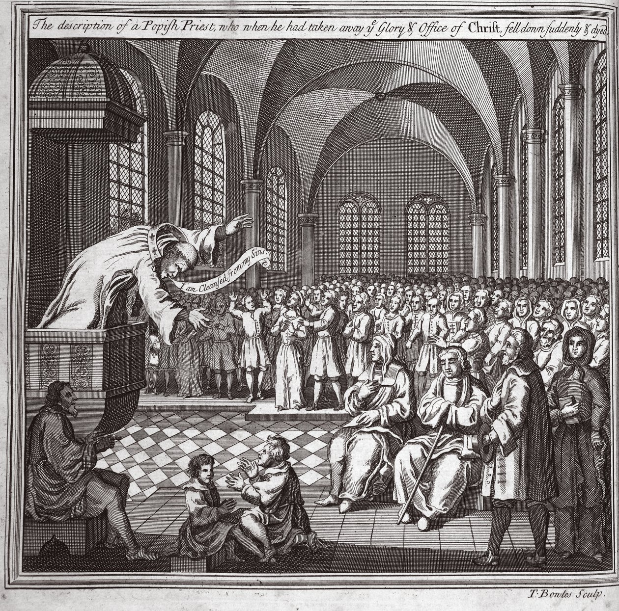 A descrição de um padre papista, que quando ele tirou a Glória e o ofício de Cristo, caiu de repente e morreu, ilustração de Mártires da Raposa. de English School