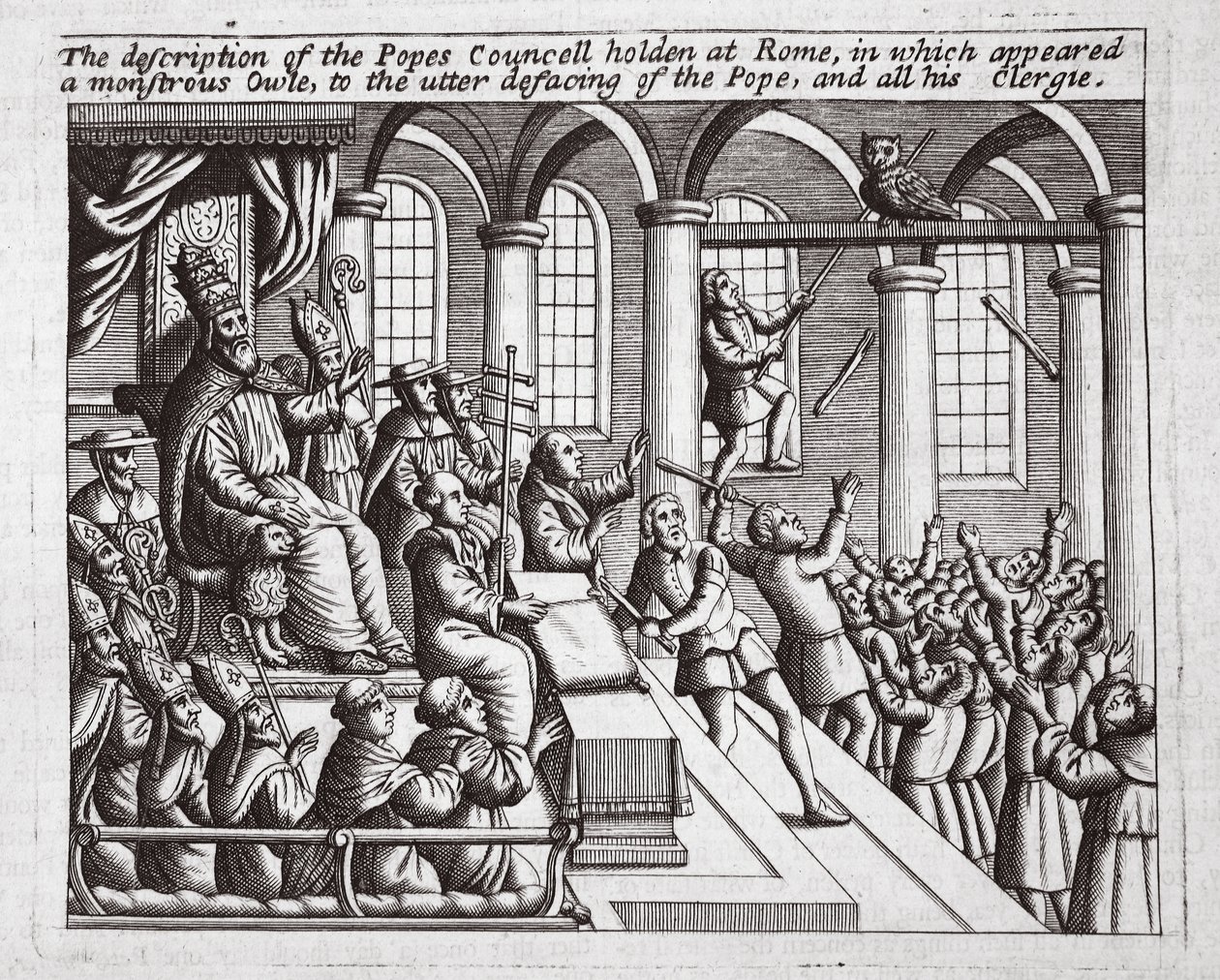 A descrição do Conselho Papas realizada em Roma, em que apareceu uma coruja monstruosa, ao desfiguramento total do Papa, e todo o seu clero, ilustração de Atos e Monumentos por John Foxe, nono ed de English School