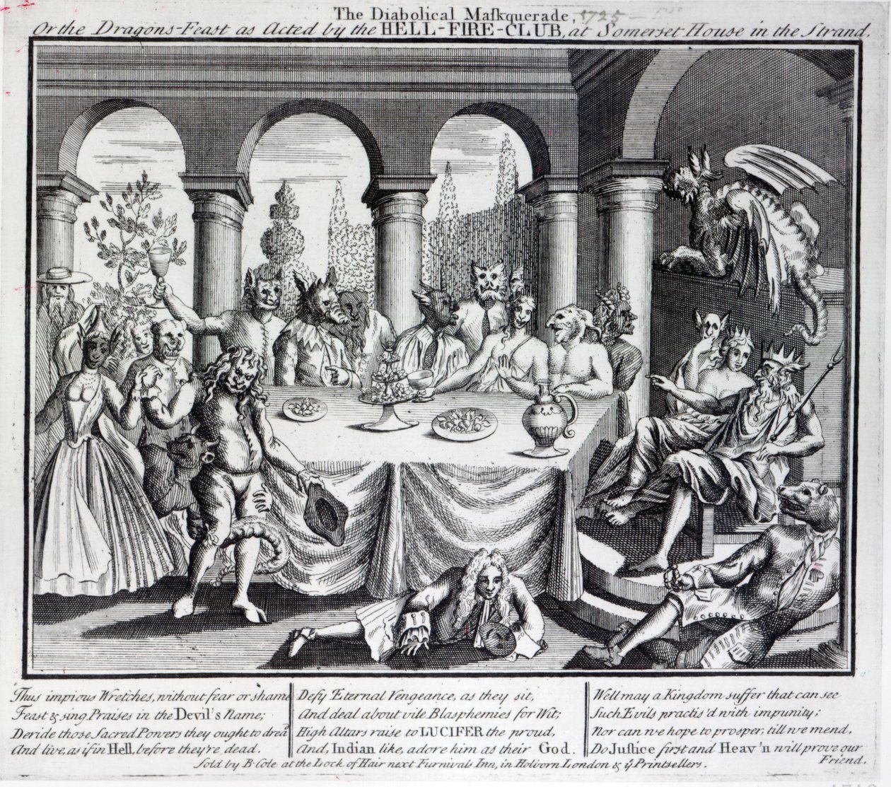 A diabólica mascarada ou a festa dos dragões, representada pelo Hell-Fire-Club, na Somerset House in the Strand, c.1721 de English School