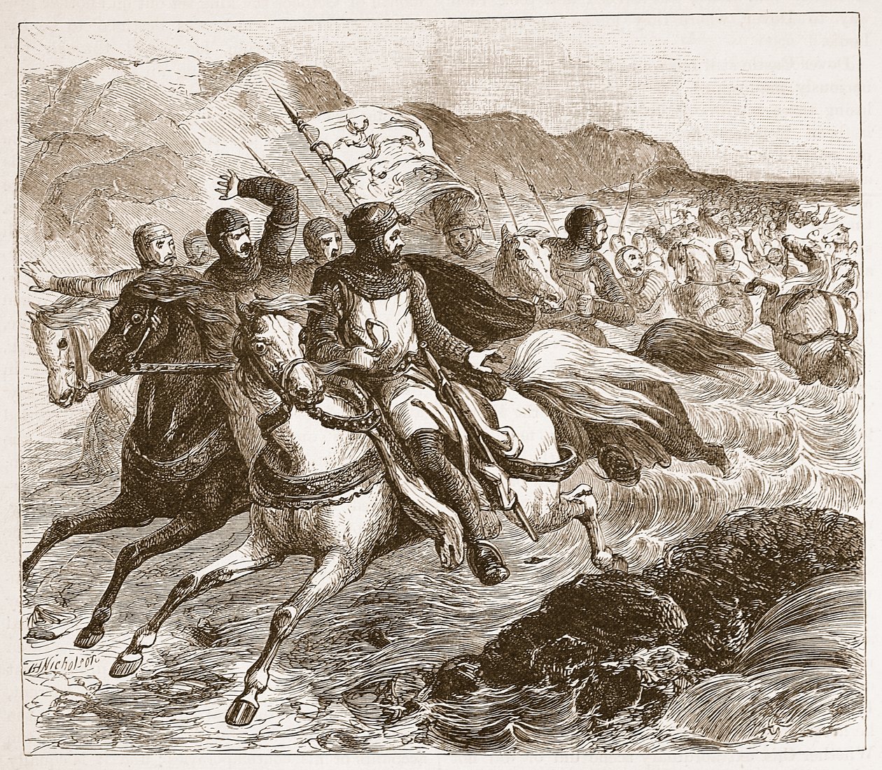 O desastre para o exército de Johns na lavagem, ilustração de História ilustrada de Cassells da Inglaterra (foto sépia) de English School