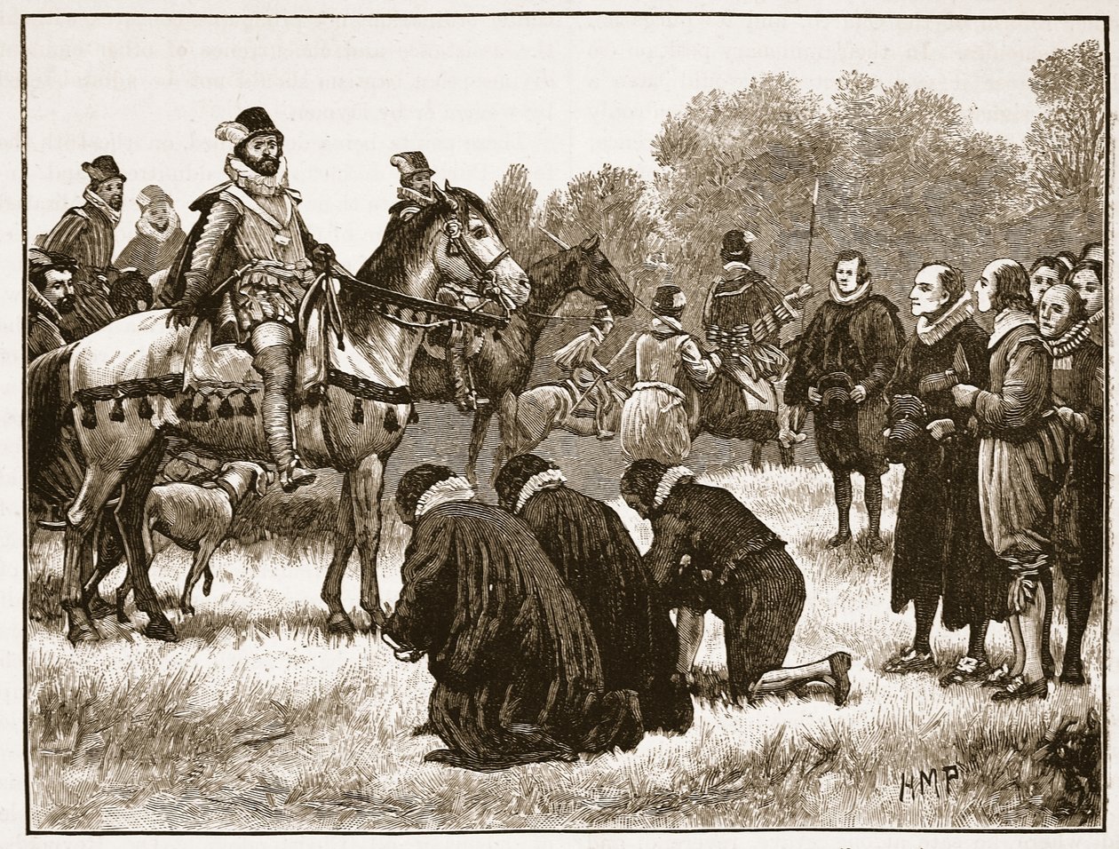 Os dissidentes que apresentam sua petição a James, ilustração de Cassells Illustrated History of England (foto em sépia) de English School
