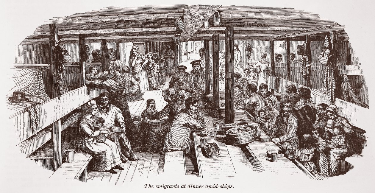 Os emigrantes no jantar em meio a navios de English School