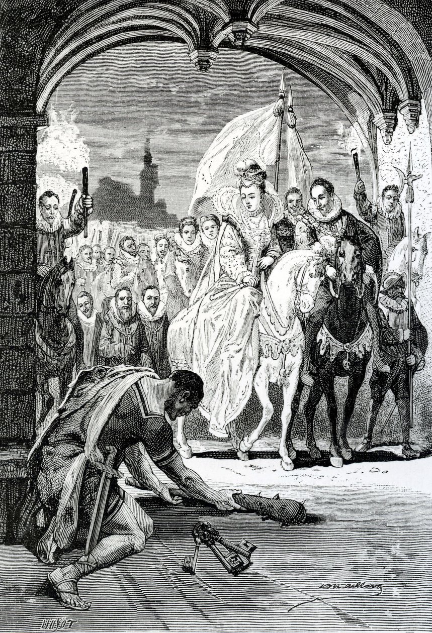 A entrada da rainha Elizabeth no castelo de Kenilworth, século XIX de English School