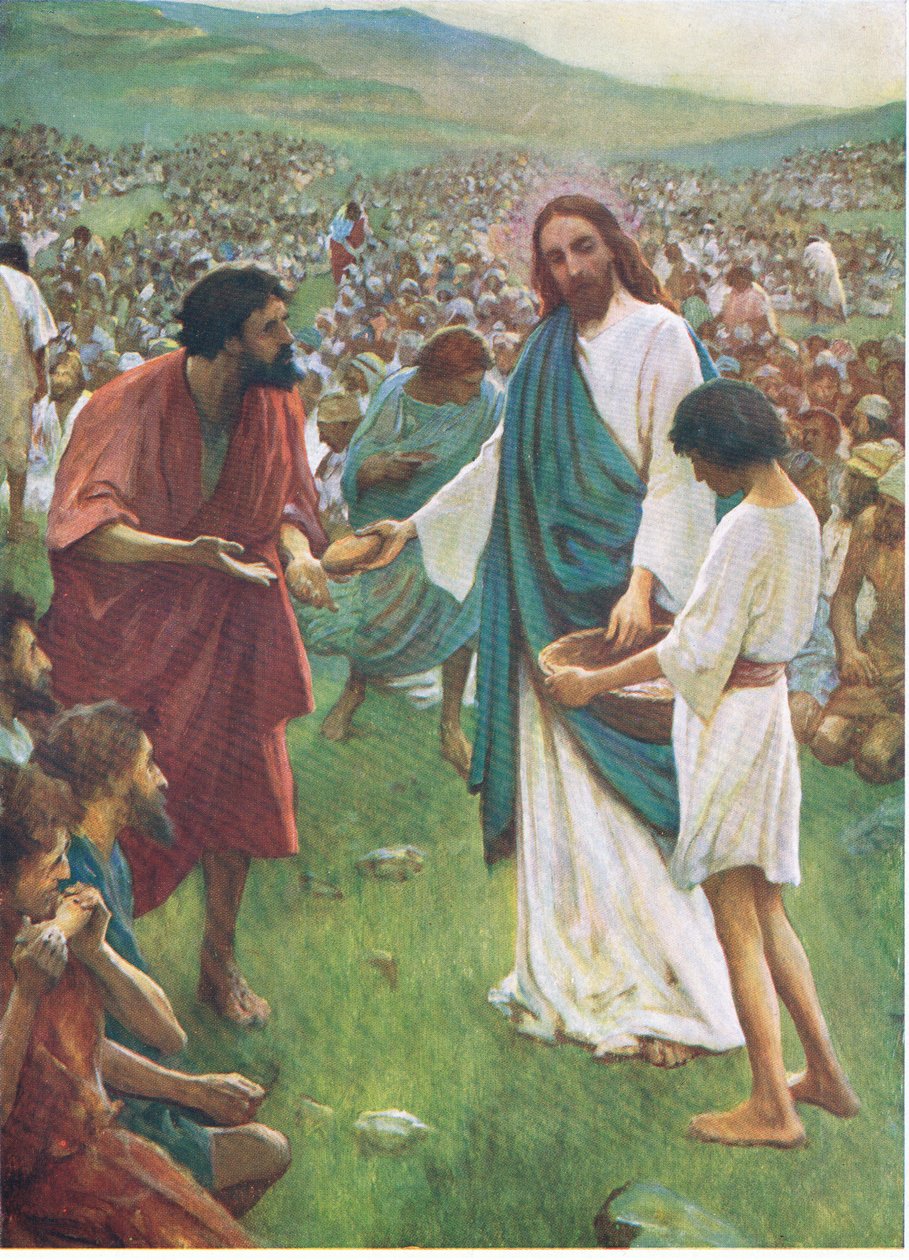 A alimentação dos cinco mil, de The Bible Picture Book publicado por Thomas Nelson, c.1950 (litografia a cores) de English School