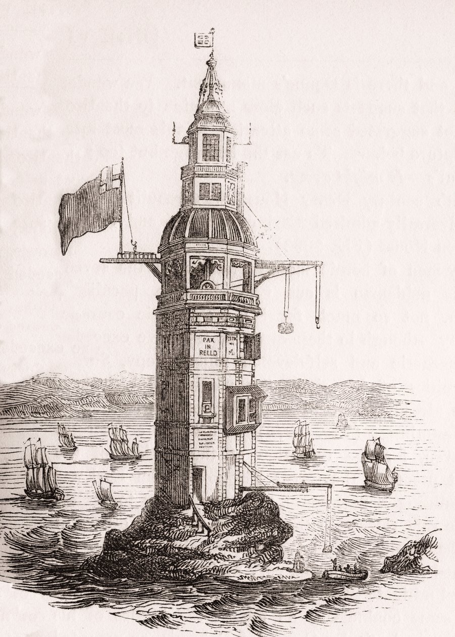 O primeiro farol erigido em Eddystone Rocks, Plymouth, Devon, Inglaterra de English School
