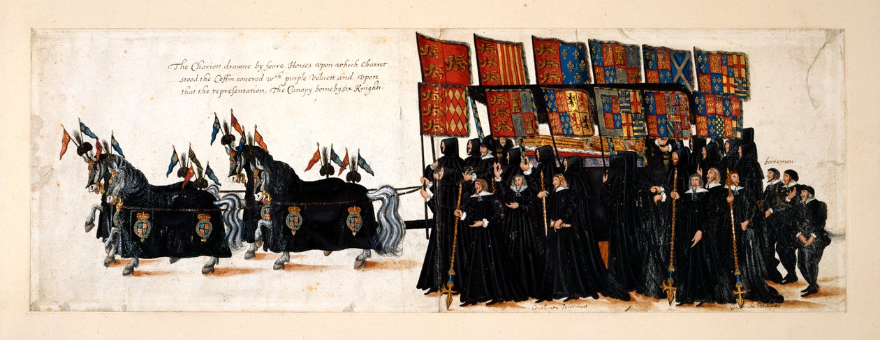 A procissão fúnebre da Rainha Isabel I à Abadia de Westminster, 28 de Abril de 1603. A carruagem é desenhada por quatro cavalos. O caixão é coberto de veludo roxo sobre o qual repousa uma efígie da Rainha. O dossel nasce de seis cavaleiros, com Cavalheiros de English School