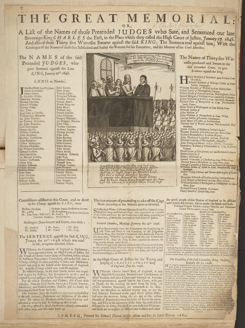 The great memorial, or, A list of the names of those pretended judges who sate and sentenced our late Soveraign King Charles the First, in the place which they called the High Court of Justice, January 27 de English School