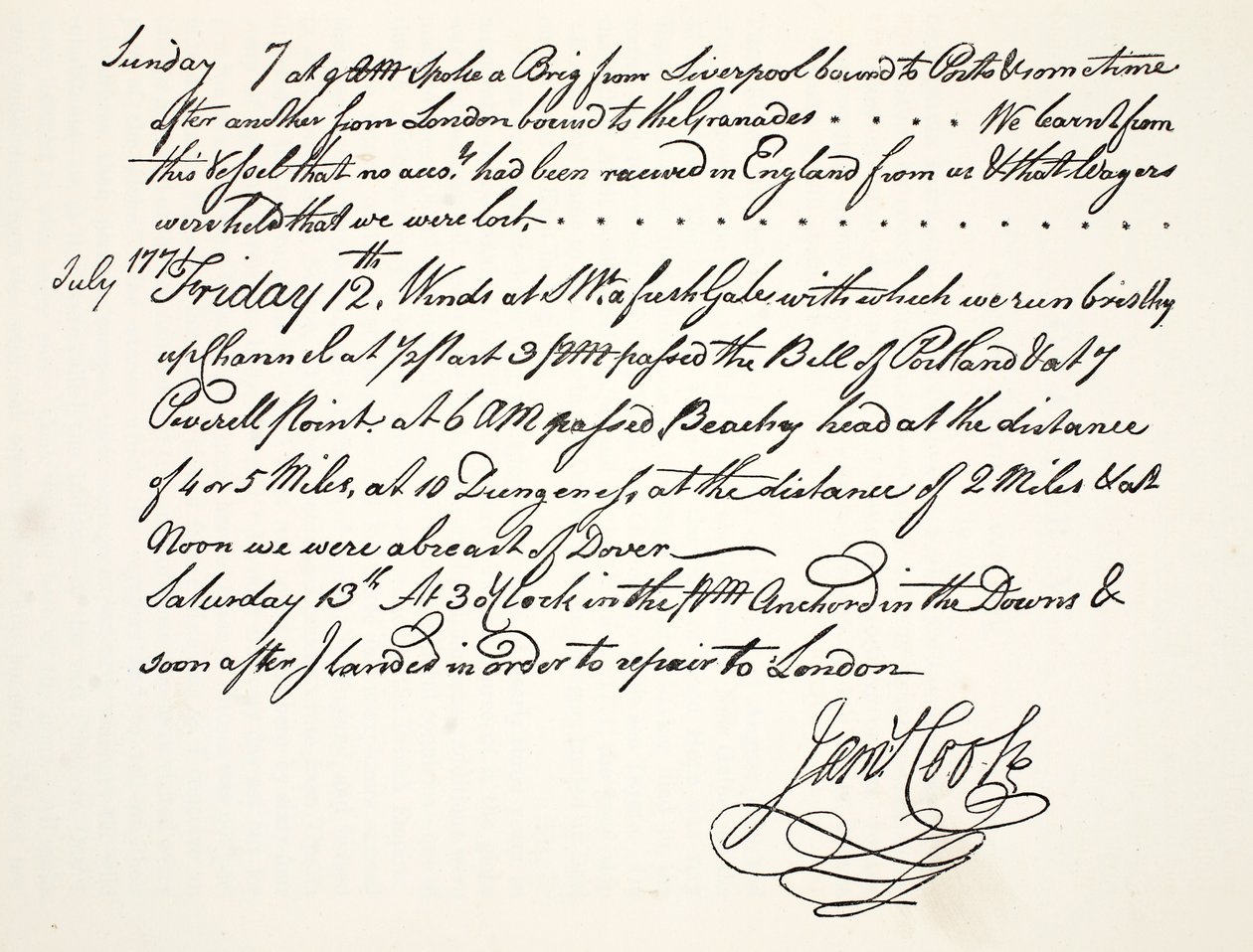 A caligrafia de James Cook, julho de 1771 de English School