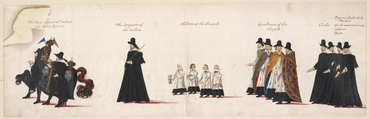 O cavalo encurralado com veludo, conduzido por duas cavalarias; o Sargento do Vestrio; Crianças da Capela Real. Parte da procissão fúnebre da Rainha Isabel I à Abadia de Westminster, 28 de Abril de 1603. de English School