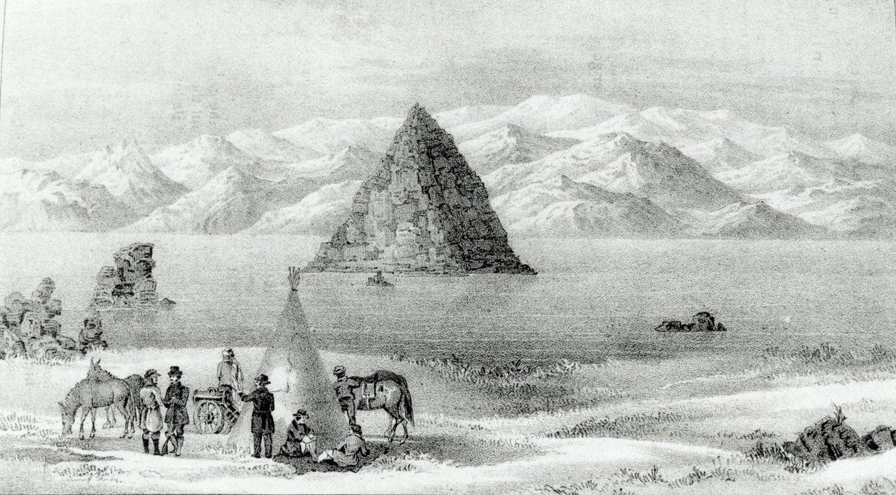 O obus no Pyramid Lake em janeiro de 1844, de Report of the Exploring Expedition às Montanhas Rochosas em 1842 e ao Oregon e Carolina do Norte em 1843-44 por John C. Fremont, publicado em 1845 (lit de English School
