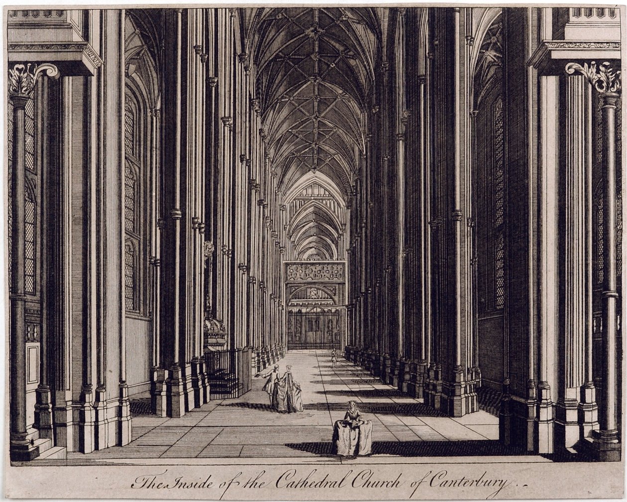 Interior da Igreja Catedral de Canterbury ", com vista da nave, do extremo oeste, c.1700-43 de English School