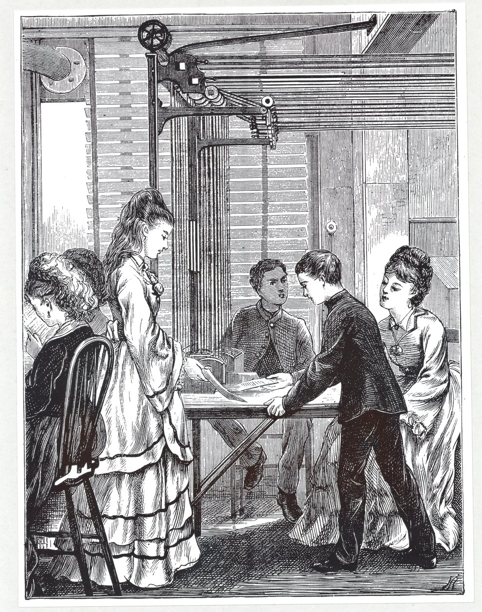 Os instrumentos para transportar mensagens na sede da Telegraph dos Correios, Telegraph Street, Londres, de The Graphic, 1871 de English School
