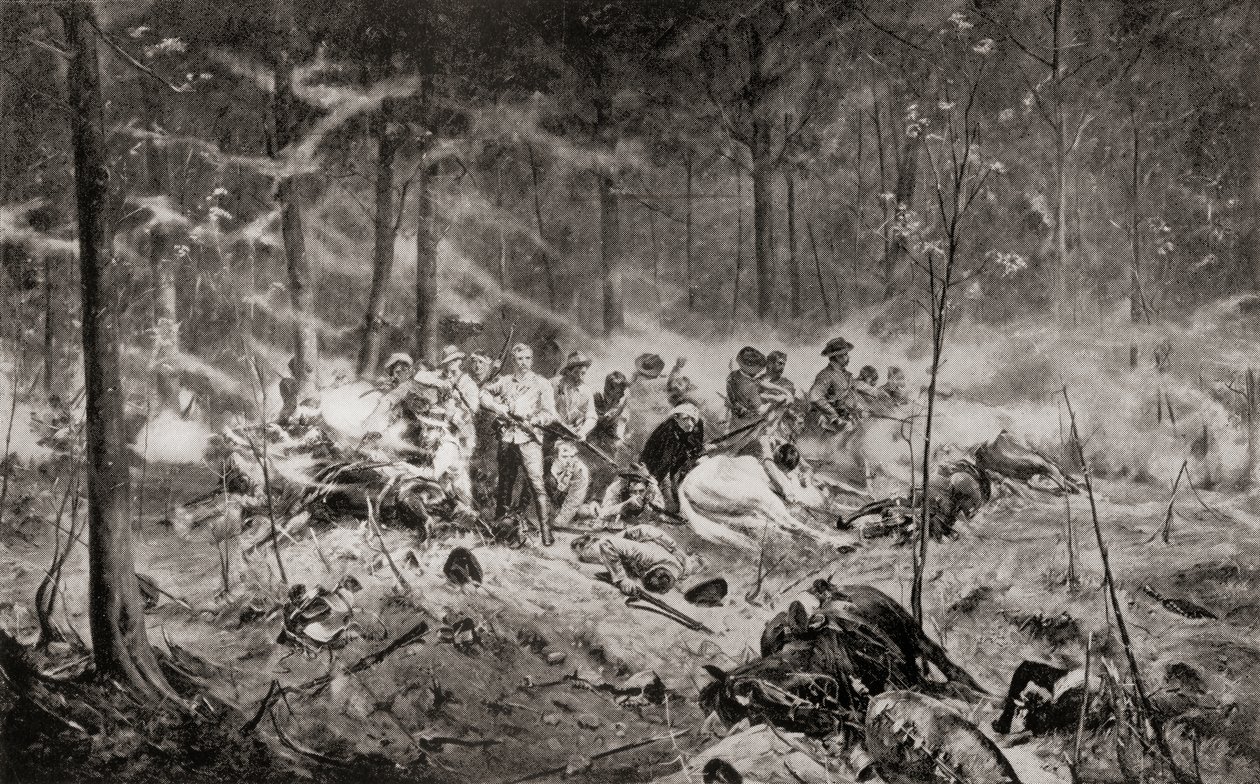 A última posição do Major Allan Wilson no rio Shangani, Matabeleland, durante a Primeira Guerra Matabele em 1893, segundo a pintura de Allan Stewart, de "South Africa and the Transvaal War: Vol. 1" de Louis Creswicke, publicado em 1900 (litografia) de English School