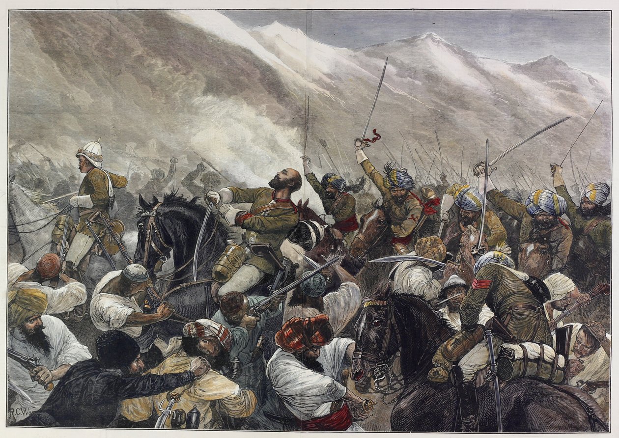 O final da Guerra do Afeganistão: Morte do Major Wigram Battye na batalha de Futtehabad 30 de Abril (gravura colorida) de English School
