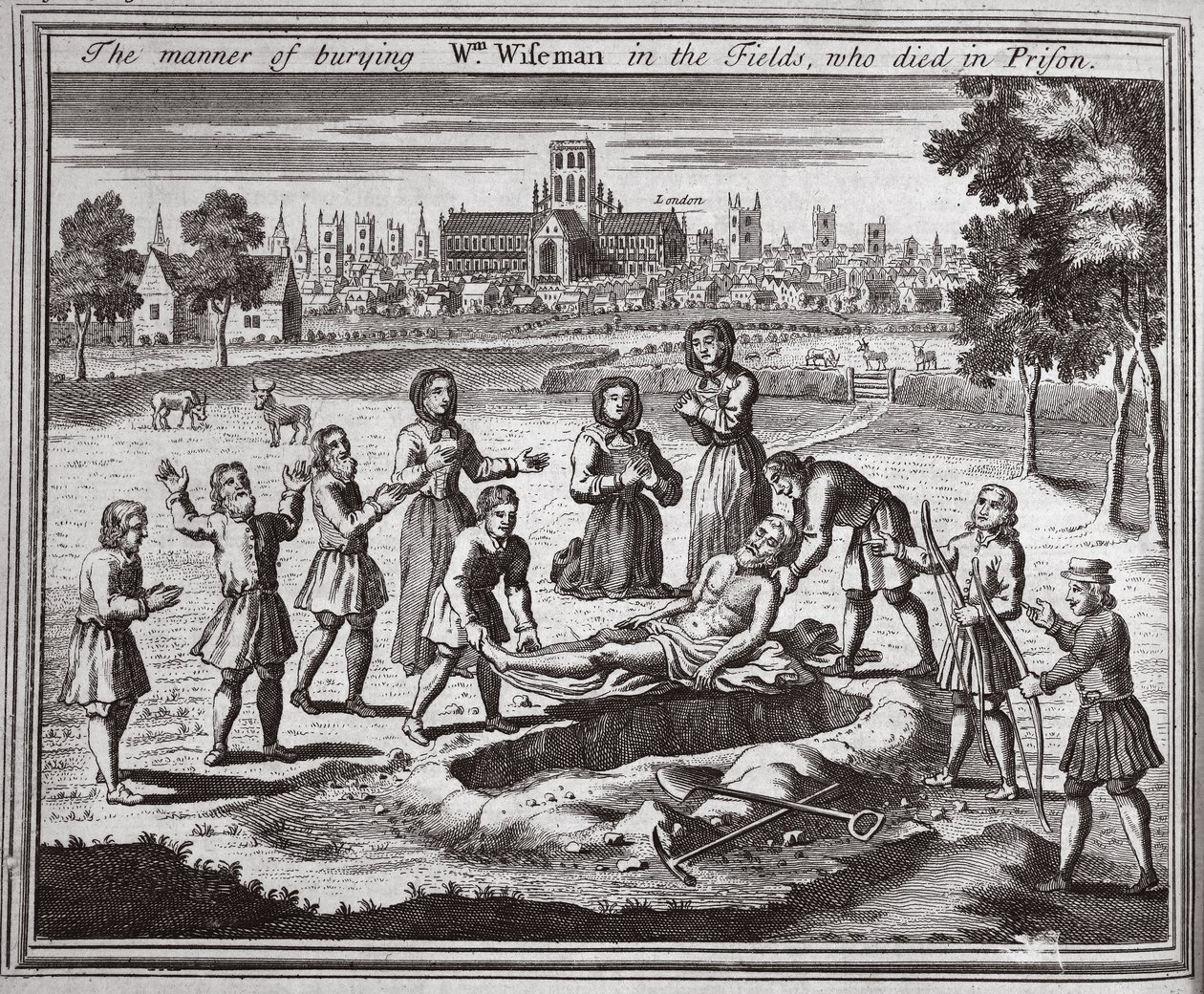 A maneira de enterrar Wm Wiseman nos campos, que morreu na prisão, ilustração de Foxes Martyrs c.1703 de English School
