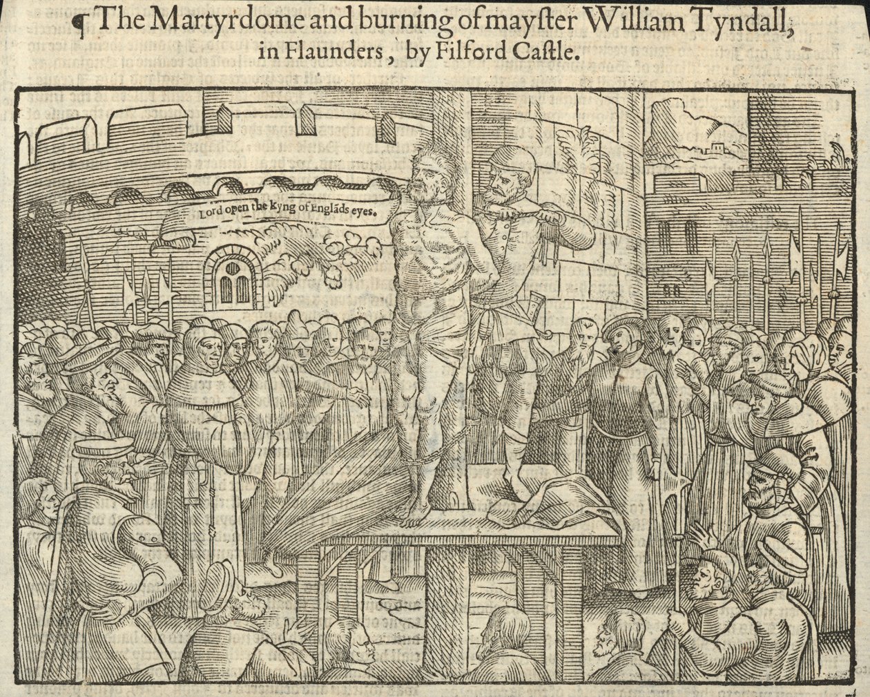 O martírio e o incêndio de William Tyndall em Flaunders, no Castelo de Filford (gravura) de English School
