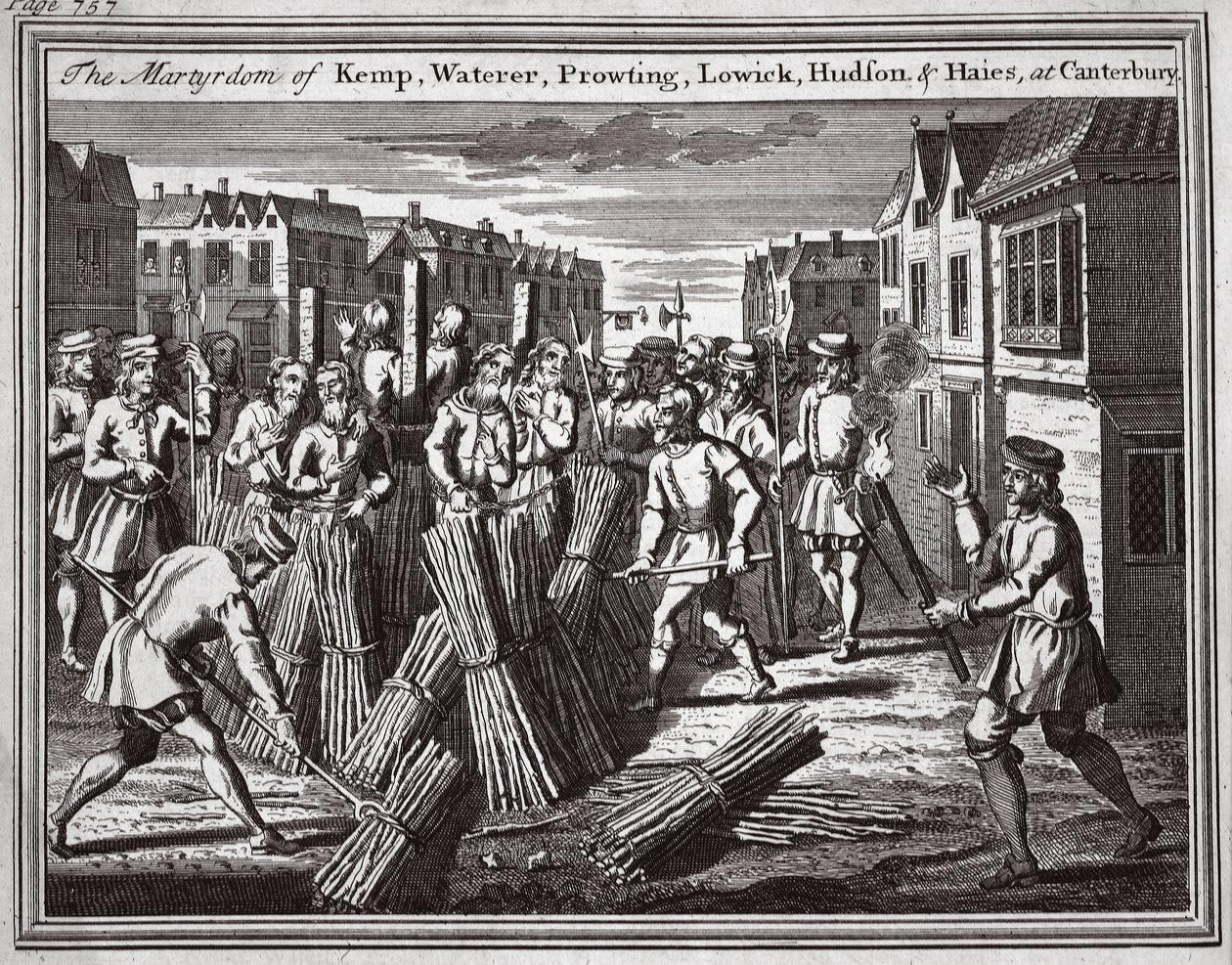 O martírio de Kemp, Waterer, Prowting, Lowick, Hudson e Haies em Canterbury, ilustração de "Foxes Martyrs", c.1703 (litografia) de English School
