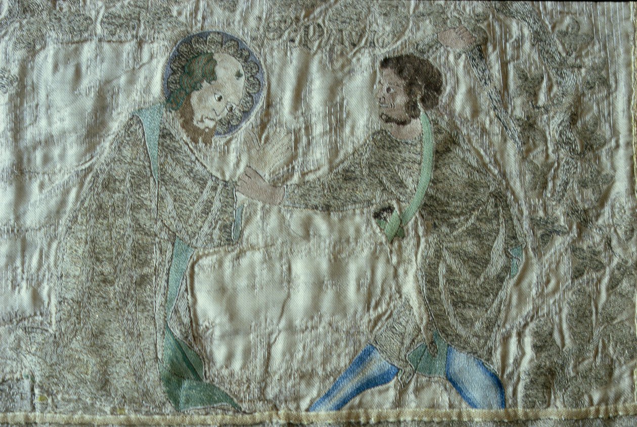 O martírio de um santo, detalhe do frontal do Steeple Aston Cope, c.1340 (fio prateado dourado e sedas coloridas sobre sarja fulvo) de English School