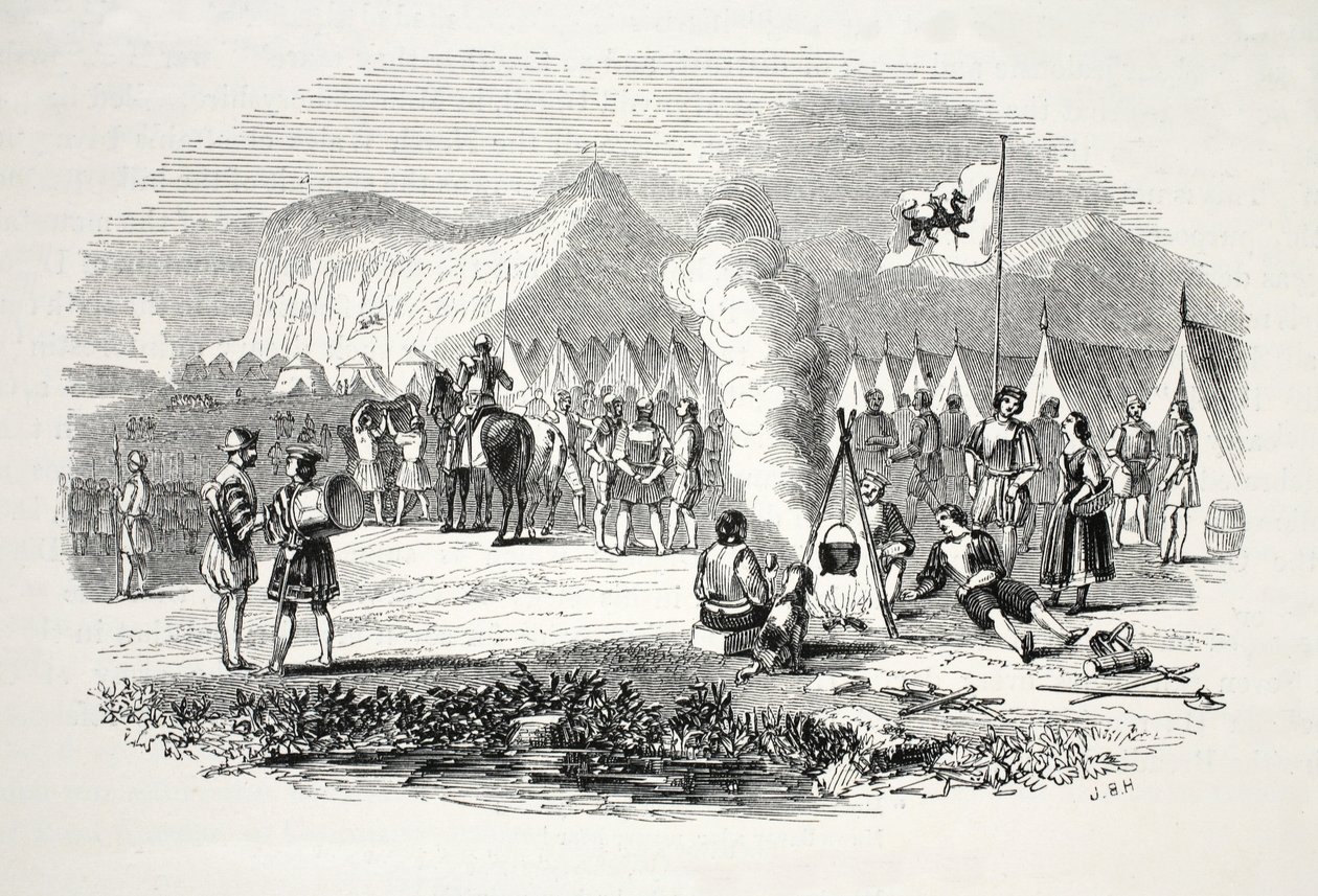 A reunião dos chefes do Norte e do Sul do País de Gales em Breiddyn Hills, a caminho de Bosworth-field, pub. Século XIX (gravura em aço) de English School
