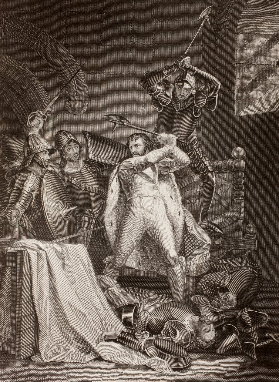 O assassinato de Ricardo II de Inglaterra no Castelo de Pontefract em 1400 (litografia) de English School