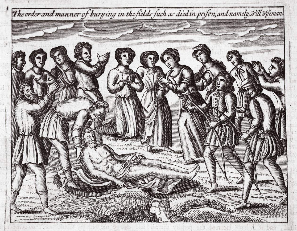 A ordem e a maneira de enterrar nos campos como morreu na prisão, e a saber, Will Wiseman, ilustração de Atos e Monumentos de John Foxe, nona edição, pub. 1684 de English School