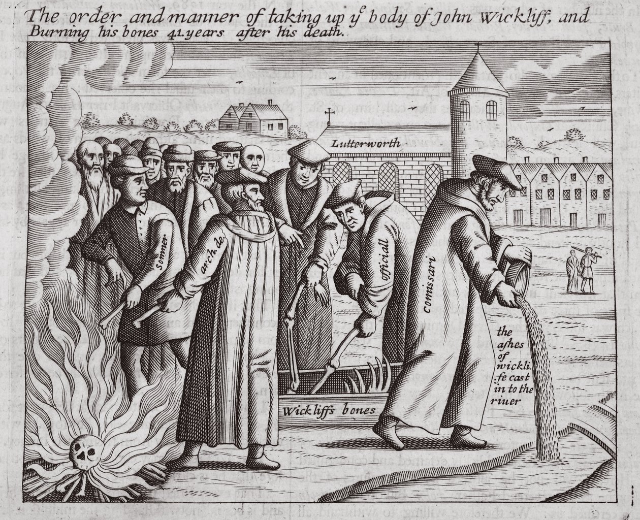 A ordem e a maneira de pegar o corpo de John Wickliff e queimar seus ossos 44 anos após sua morte, ilustração de Atos e Monumentos de John Foxe, nona edição, pub. 1684 de English School