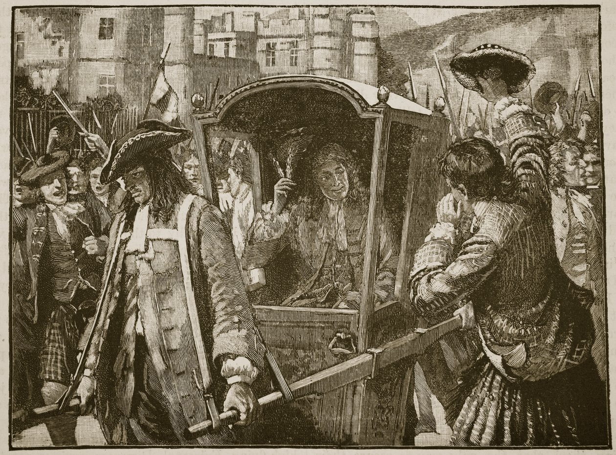 O povo de Edimburgo escoltando o Duque de Hamilton ao Palácio de Holyrood, ilustração da História Ilustrada de Cassells da Inglaterra (foto sépia) de English School