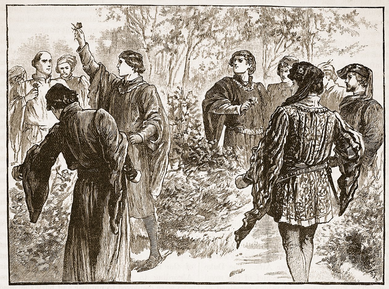 A briga nos jardins do templo, ilustração da história ilustrada de Cassells da Inglaterra (foto sépia) de English School
