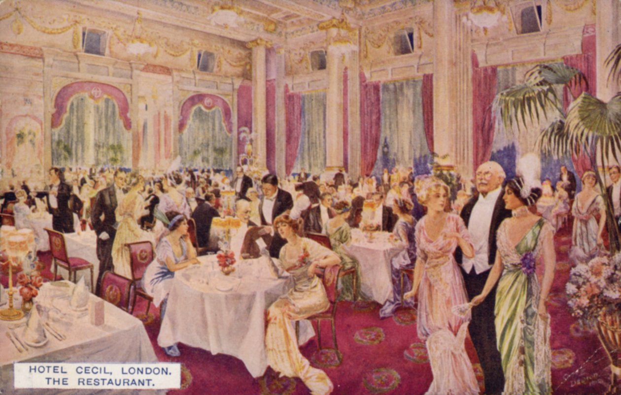 O restaurante, Hotel Cecil, Londres (litografia a cores) de English School