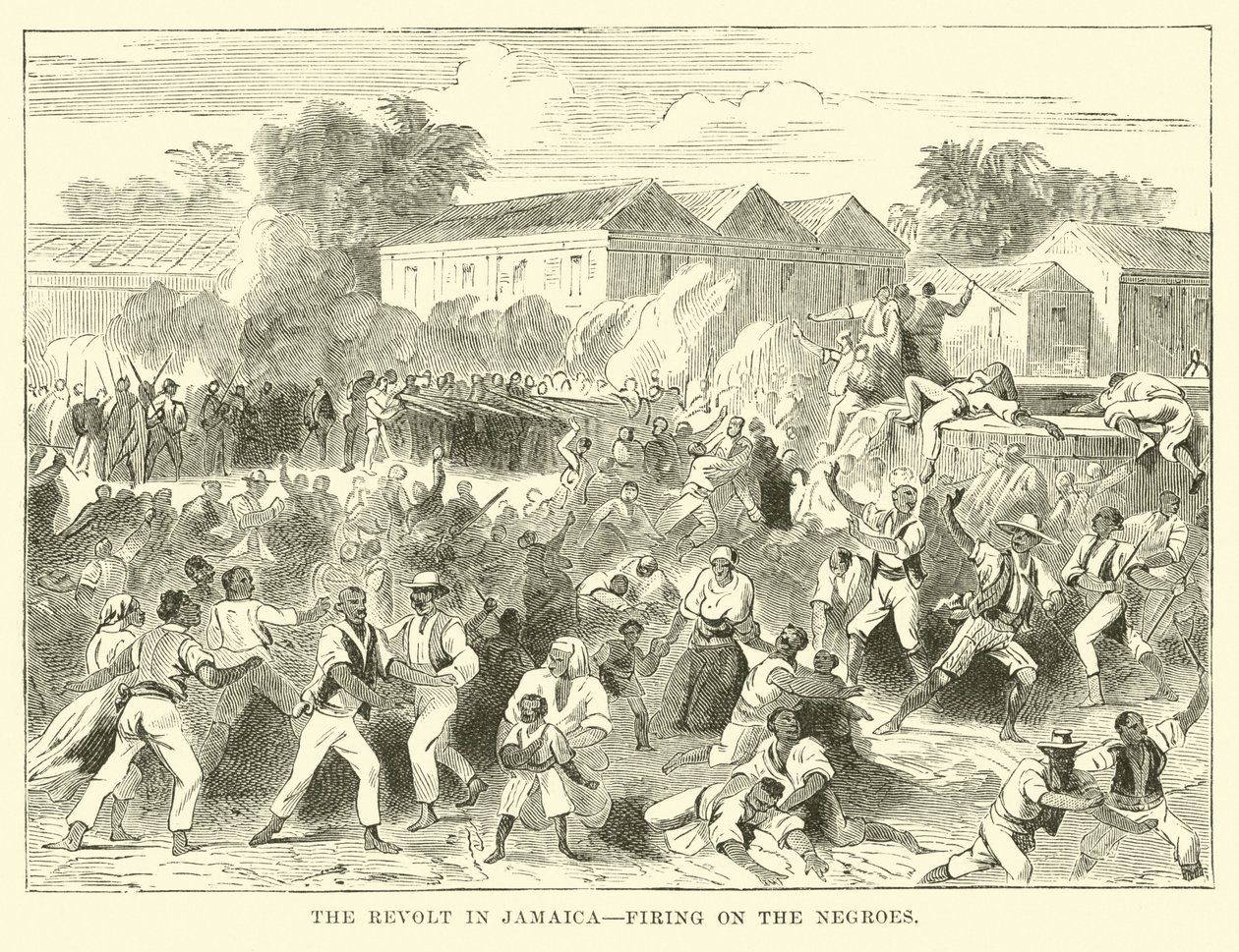 A revolta na Jamaica, disparando contra os negros (gravura) de English School