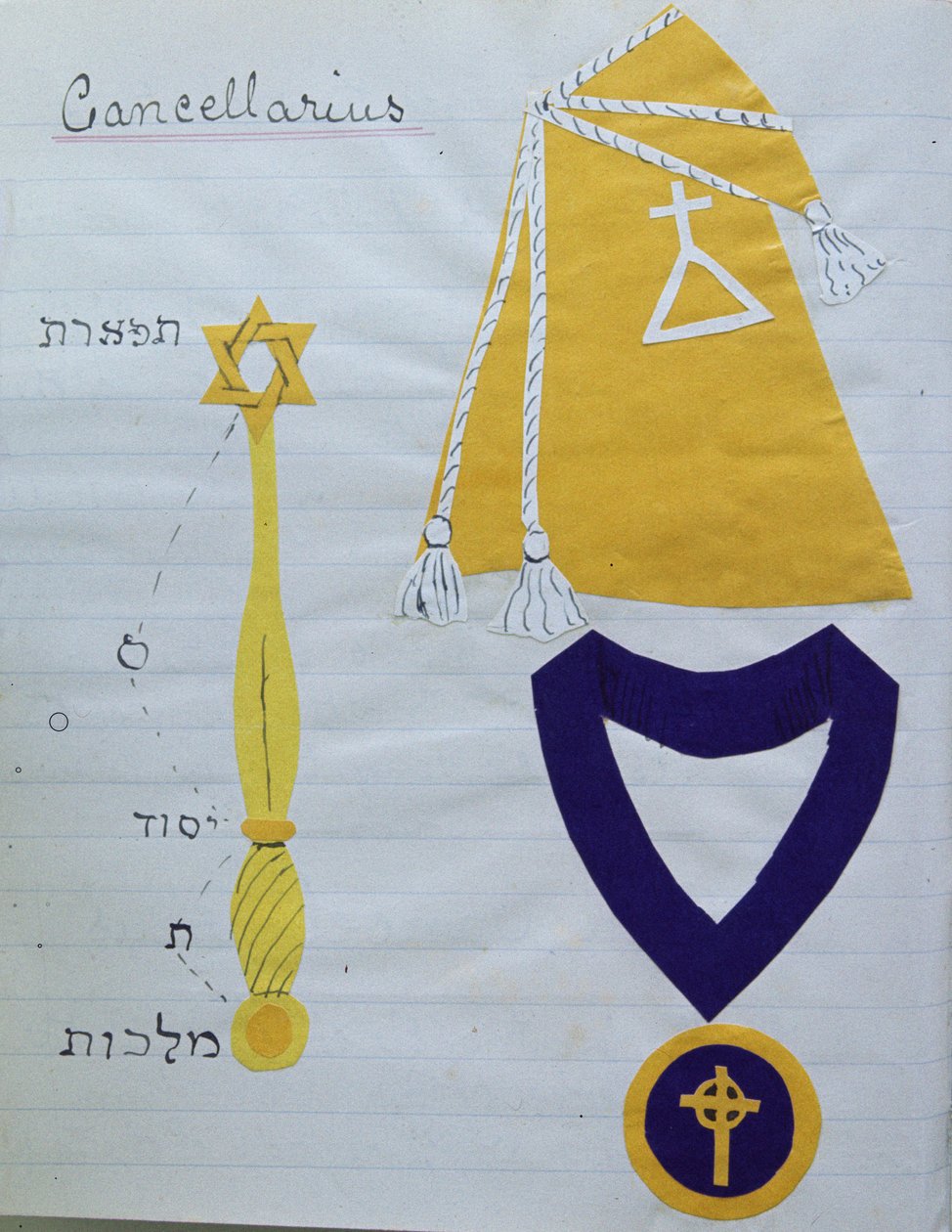 O manto (com o símbolo da Ordem) e regalia do Secretário (Cancellarius) da Ordem Hermética da Golden Dawn, c.1895 (colagem) (ver também 212698) de English School