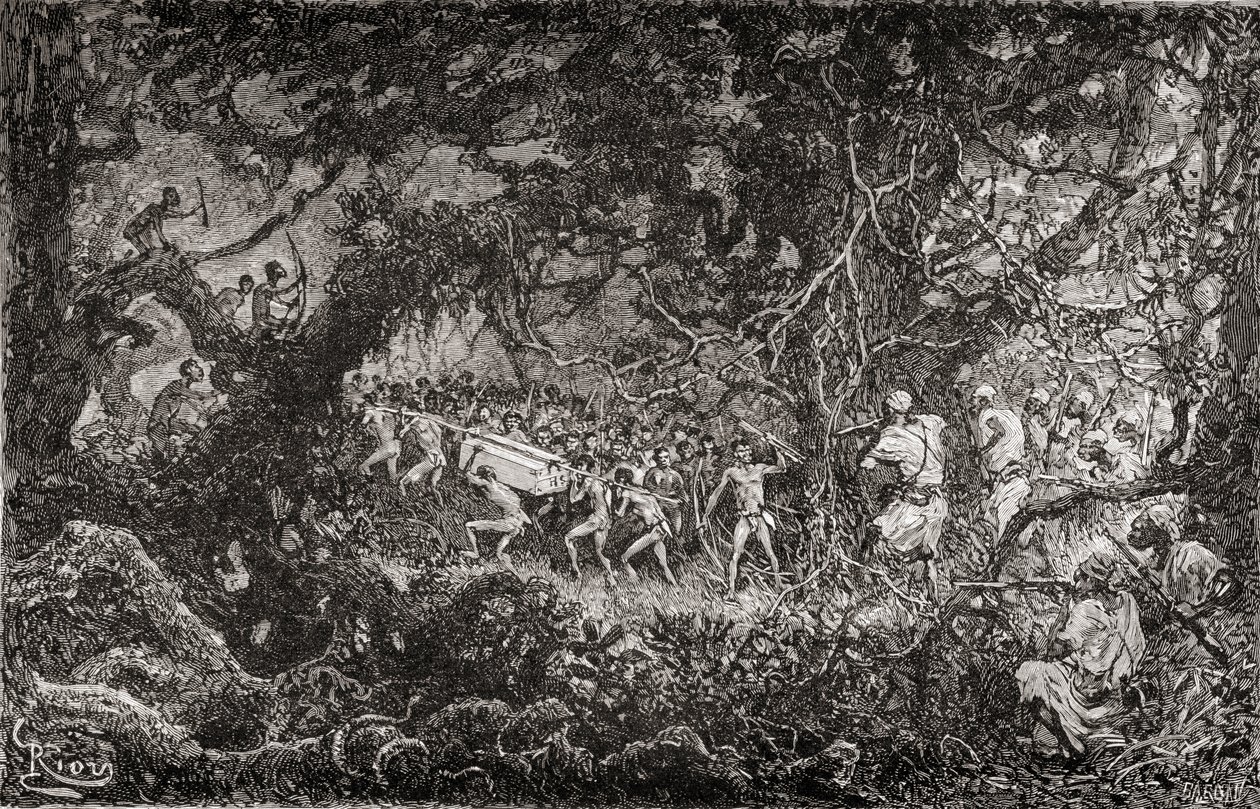 Os batedores da expedição de socorro a Emin Pasha, de Sir Henry Morton Stanley, em África, em 1888, descobrem pigmeus a transportar uma caixa de munições, publ. 1890 de English School