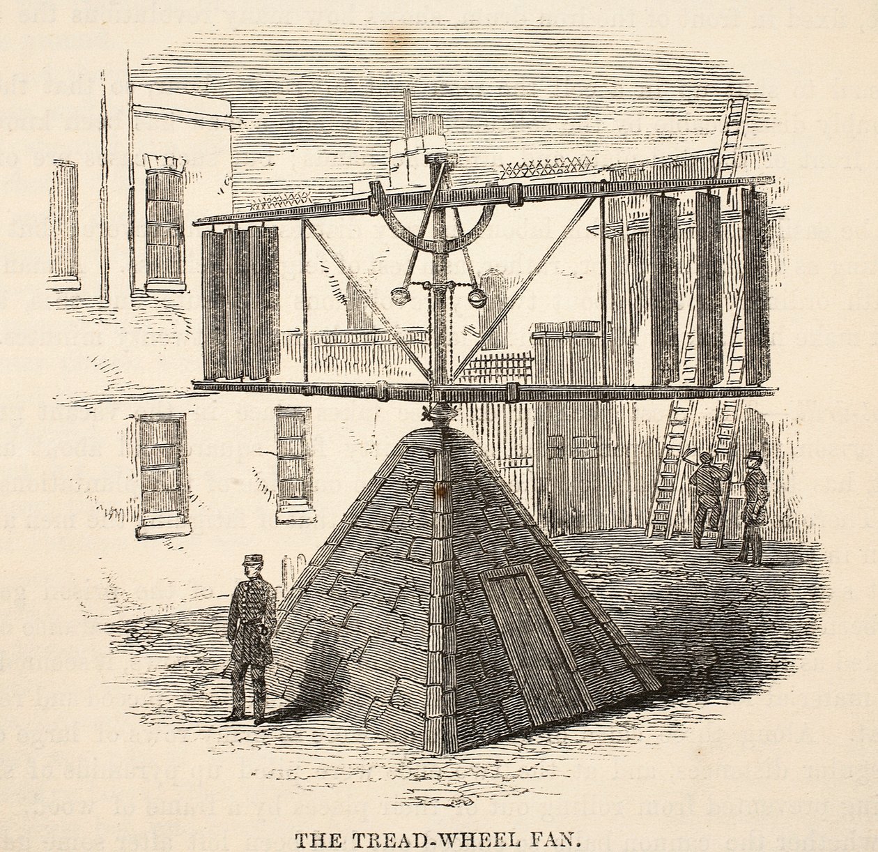 O ventilador do tread-wheel, ilustração das prisões criminosas de Londres e cenas da vida da prisão por Henry Mayhew e por John Binny, bar. 1862 de English School