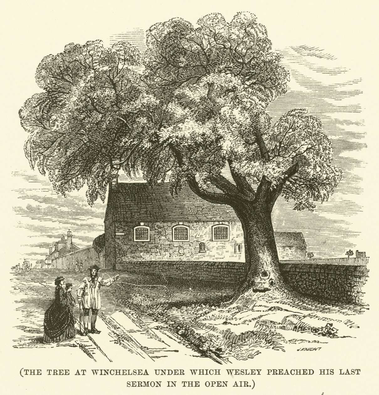 A árvore em Winchelsea sob a qual Wesley pregou o seu último sermão ao ar livre (gravura) de English School